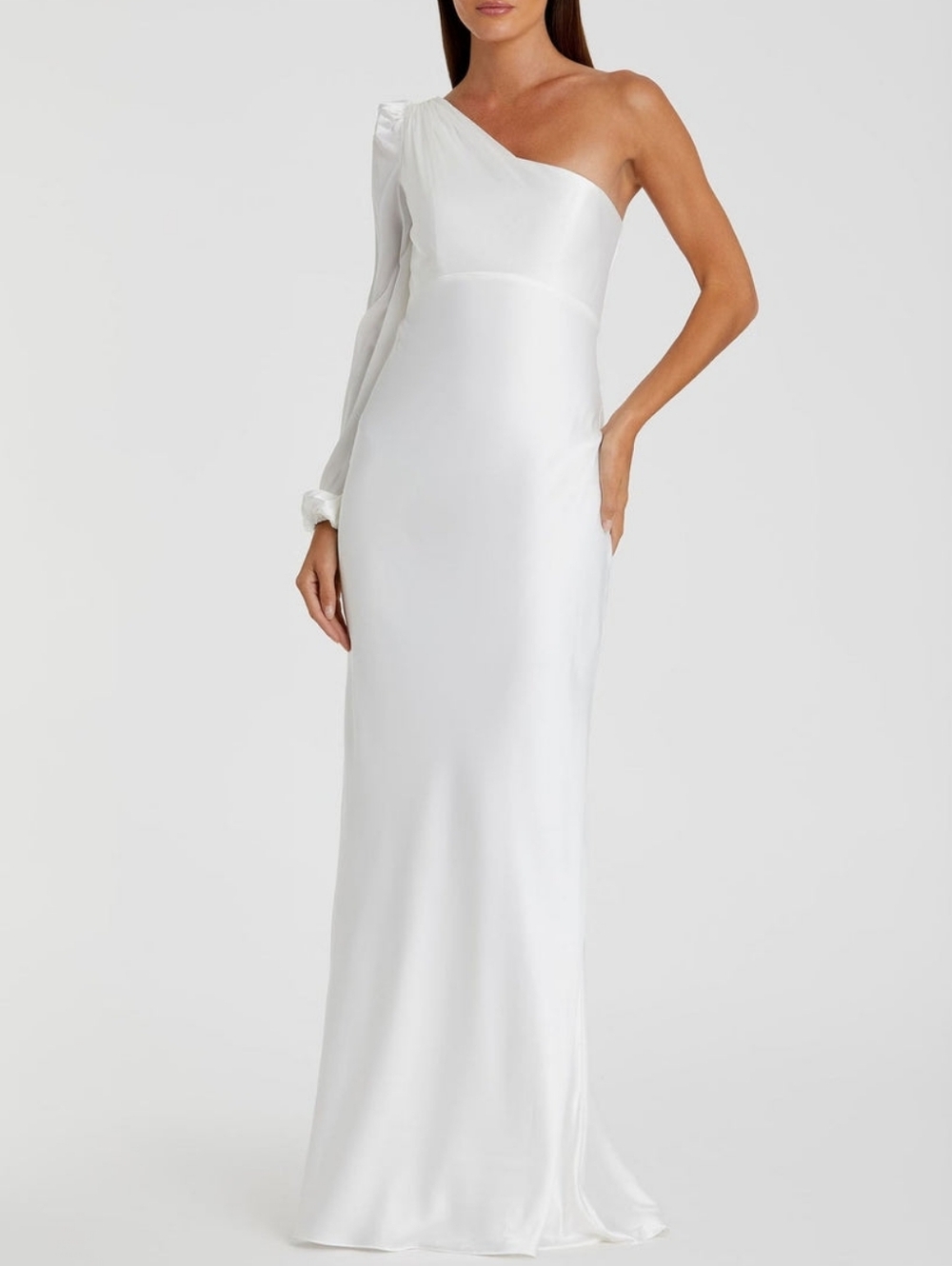Ieena Mac Duggal 55401 White One Shoulder Satin Maxi Dress Wedding Gown 0 NWT
